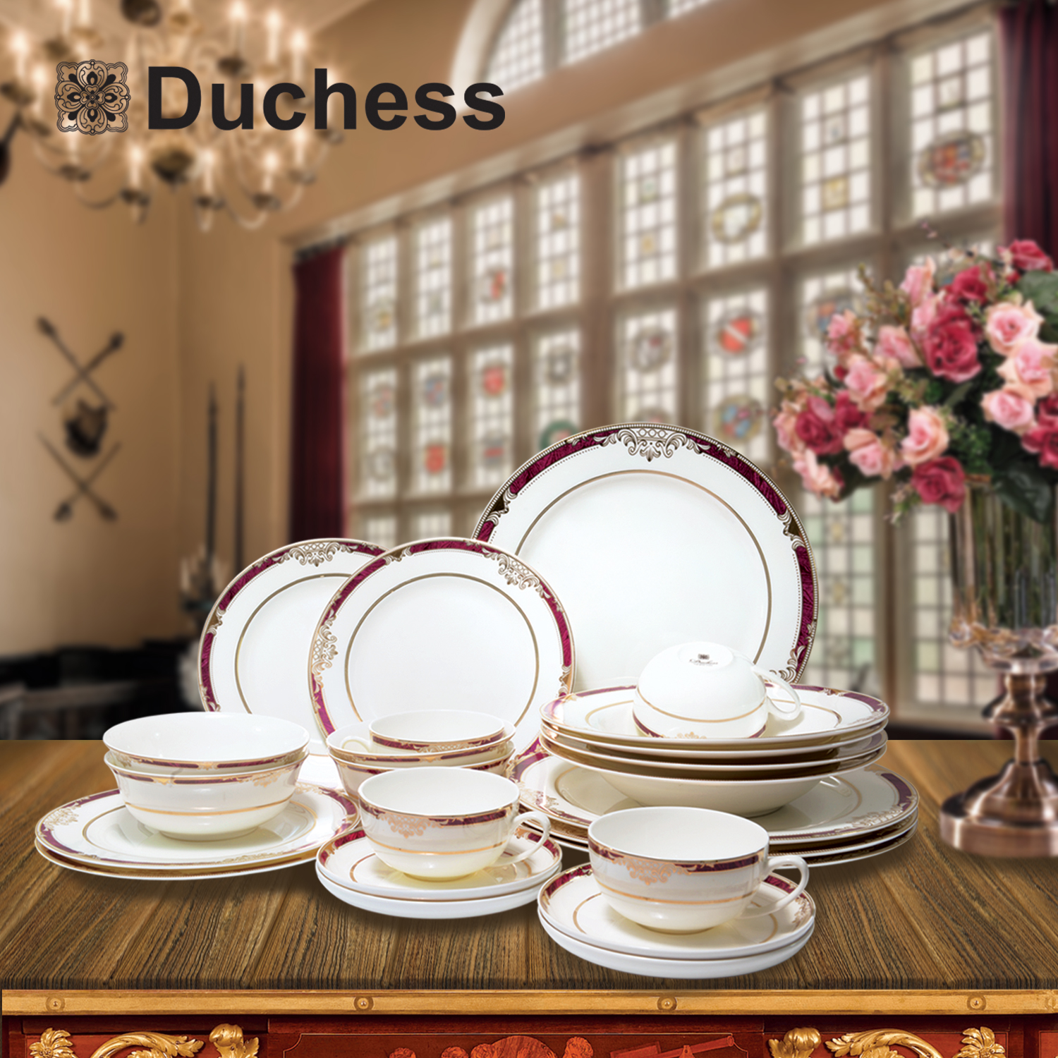 Duchess ชุดจานดินเนอร์ เซ็ท 24 ชิ้น รุ่น DB4362 - Fine China Classic Red Duchess ชุดจานดินเนอร์ เซ็ท 24 ชิ้น รุ่น DB4362 - Fine China Classic Red